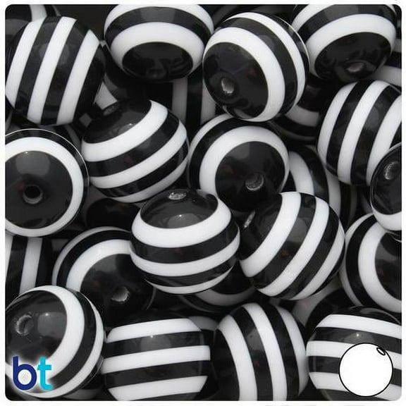 BeadTin Black & White Striped 20mm Round Resin Beads (10pcs)