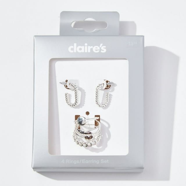 Claire's Jewelry Set Includes 20mm Silver Earrings Rope Style, and 4 Rings Size Large/XL, Gift Box, Female, 91593