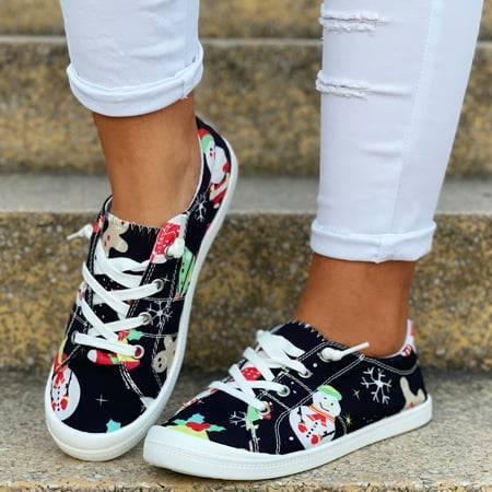 

TALKVE Christmas Women Canvas Christmas Print Loafers Flat Shoes Soft Vulcanize Casual Shoes Ladies Shoes