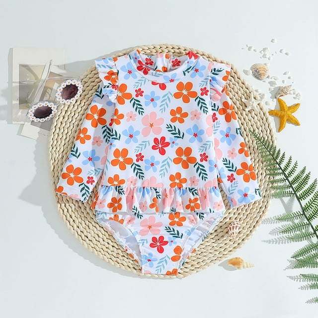 Girls Rash Guard Swimming Bathing Suit Flounce Printed Long Sleeve Sun Protection Toddler Bathing Suit Girl 18-24 Months