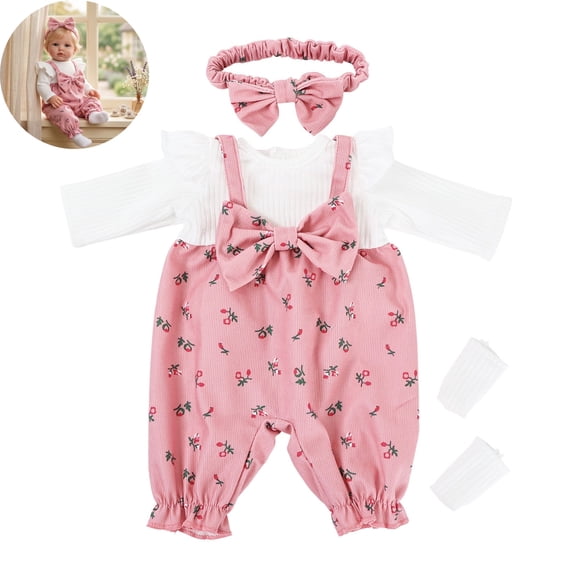 Clearance!Reborn Baby Doll Clothes, 18 Inch Doll Outfit Set,Ruffled Overalls Long Sleeve Top Bow Headband and Socks,Baby Doll Dress Up Accessories, Christmas Stocking Stuffer Birthday Gift for Girls