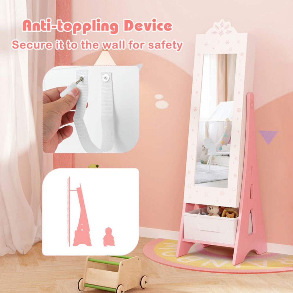 Barara King Kids Jewelry Armoire Cabinet,Kids Vanity Dress Up Mirror Jewelry Cabinet,Kids Jewelry Cabinet with Full-Length Mirror and Foldable Drawer-White