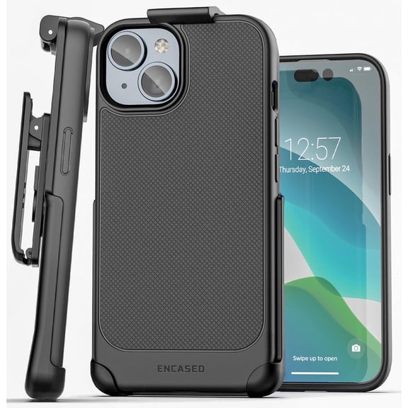 Encased Thin Armor Designed for iPhone 15 Belt Clip Case, Slim Fit Phone Case with Holster (Black)