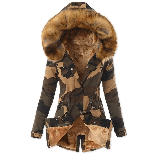 Chaqueta de algodón de otoño e invierno para mujer con cuello de piel y cordón, abrigo de camuflaje, chaqueta de algodón cálida para mujer