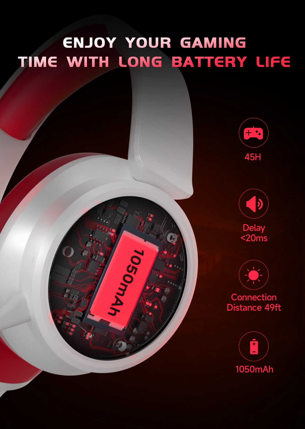 FONHAID 2.4GHz Wireless Gaming Headset for Xbox, PS5, Switch, Bluetooth Gaming Headphones with Detachable Noise Canceling Mic, 45H Battery, Red
