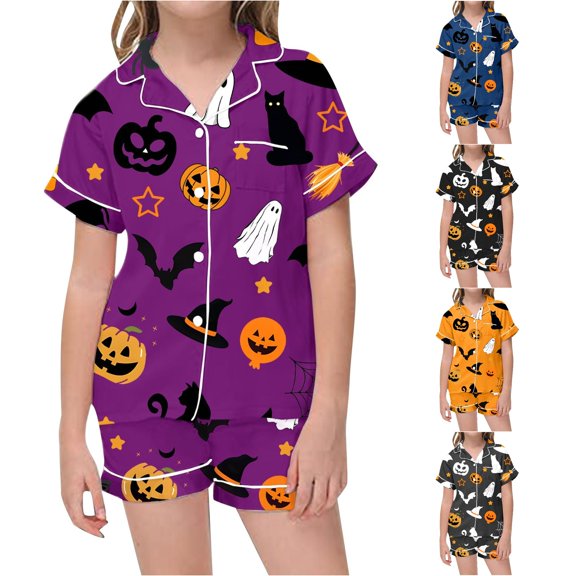 Weebloom Halloween Toddler Girls' Pajama Sets Cute Pumpkin Bat Print Pajama Soft Satin Short Sleeve Button Down Shirt Shorts Outfit For Kids Party Sleepwear Nightwear Pjs Loungewear 2-3 Years
