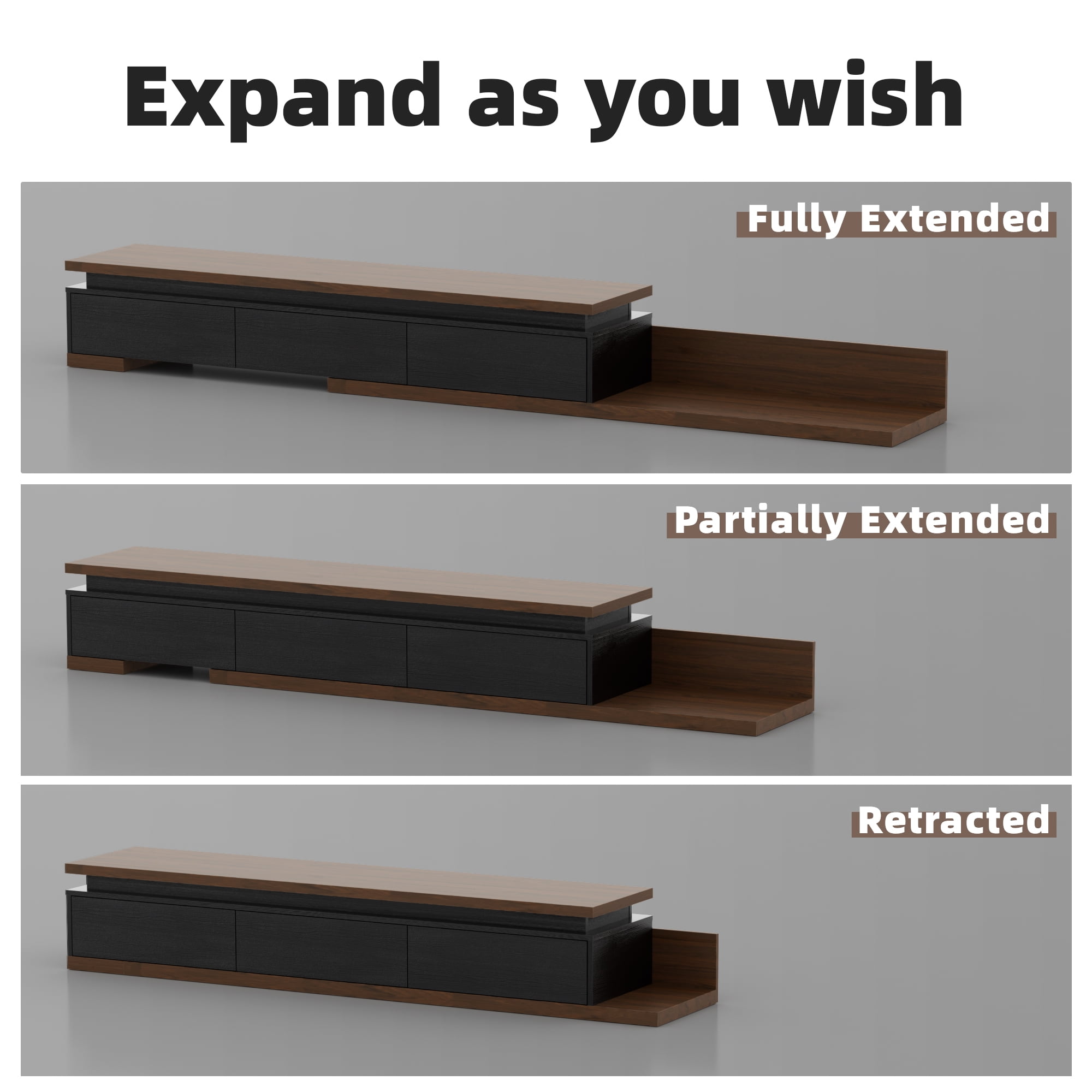 Tolead Extendable TV Stand with LED Lights – Modern Reversible Wood Entertainment Center for TVs 80"-106" with Three Drawers, Black & Walnut Finish, Ideal for Living Room & Bedroom