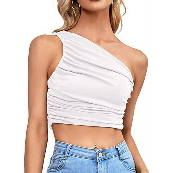 Jinsinto Women's Sexy Ruched One Shoulder Sleeveless Crop Top Strappy Cami Tank L White