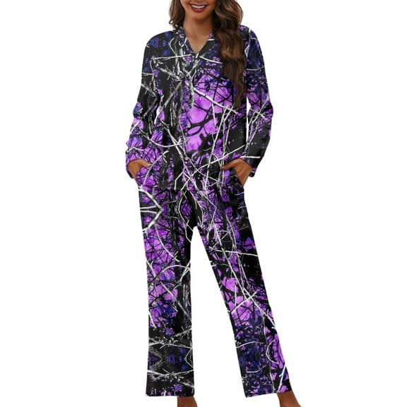 Renewold Camo Hunting Purple Forest Nightwear for Women 2 Pack Soft Long Sleeve Top and Elastic Waist Pants Set Breathable Vacation Sleep Outfits Thermal Button Pajamas Lounge Wear Size M