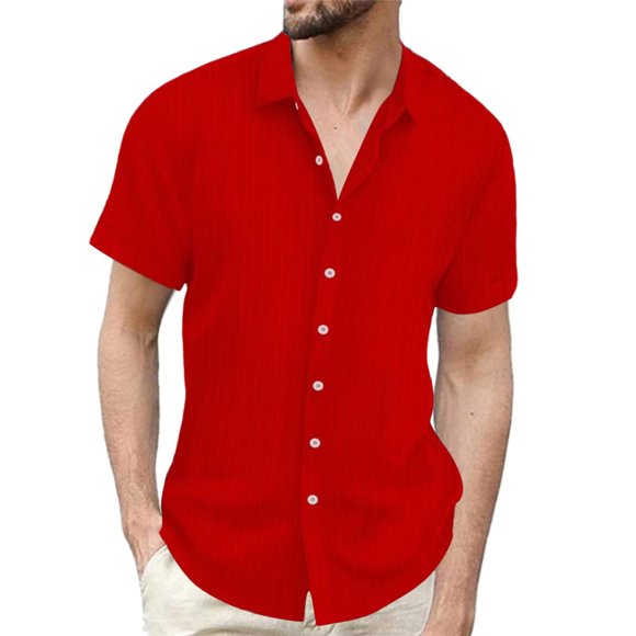 Red Van Heusen Dress Shirts For Men, Linen Mens Tshirts, Dress Shirts For Men Slim Fit, Men'S Cotton And Linen Striped Jacquard Casual Loose Short Sleeved Shirt