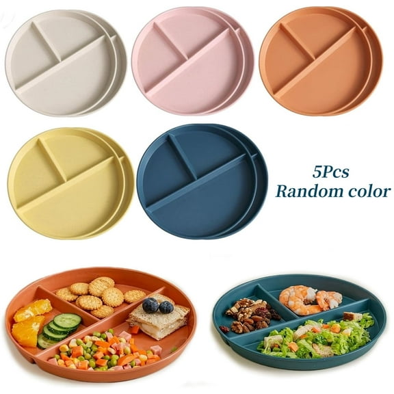 5 Pcs Divided Dinner Plates,Mixed Colors Wheat Straw Portion Control Plates Set,Unbreakable Plastic Plates,Round Divided Plates,Microwave & Dishwasher Safe,Use to Portion Fruits,Vegetables,Snacks