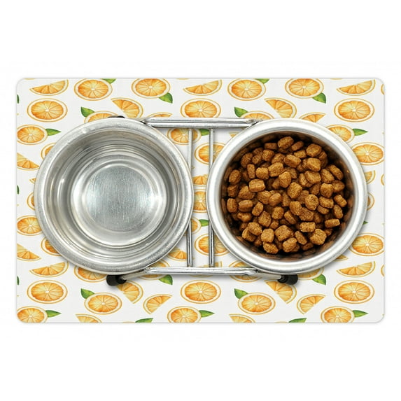 Orange Pet Mat for Food and Water, Watercolor Slices of Orange Fruit with Green Leaves Fresh Ripe Juicy Food, Non-Slip Rubber Mat for Dogs and Cats, 18" X 12", by Ambesonne