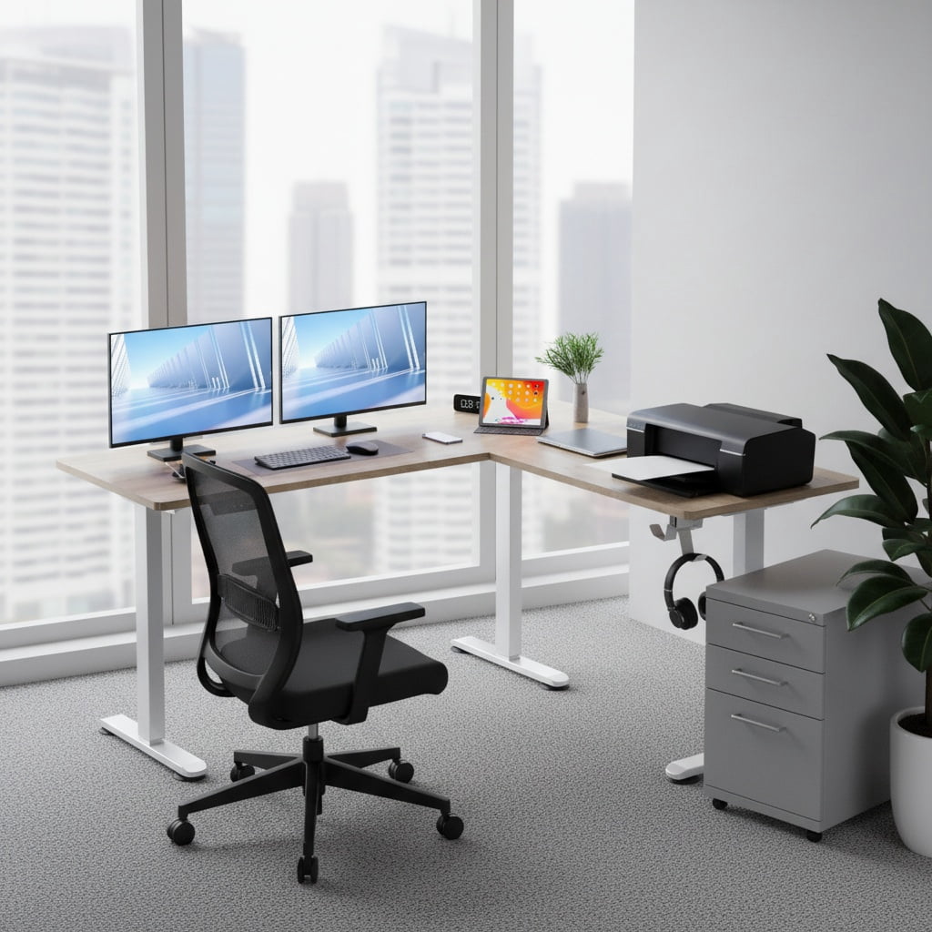 Legooin 63x55 inch L-Shaped Standing Desk Height Adjustable Sit-stand Desk Multi-Monitor Gaming Table Workstation for Home Office Oak