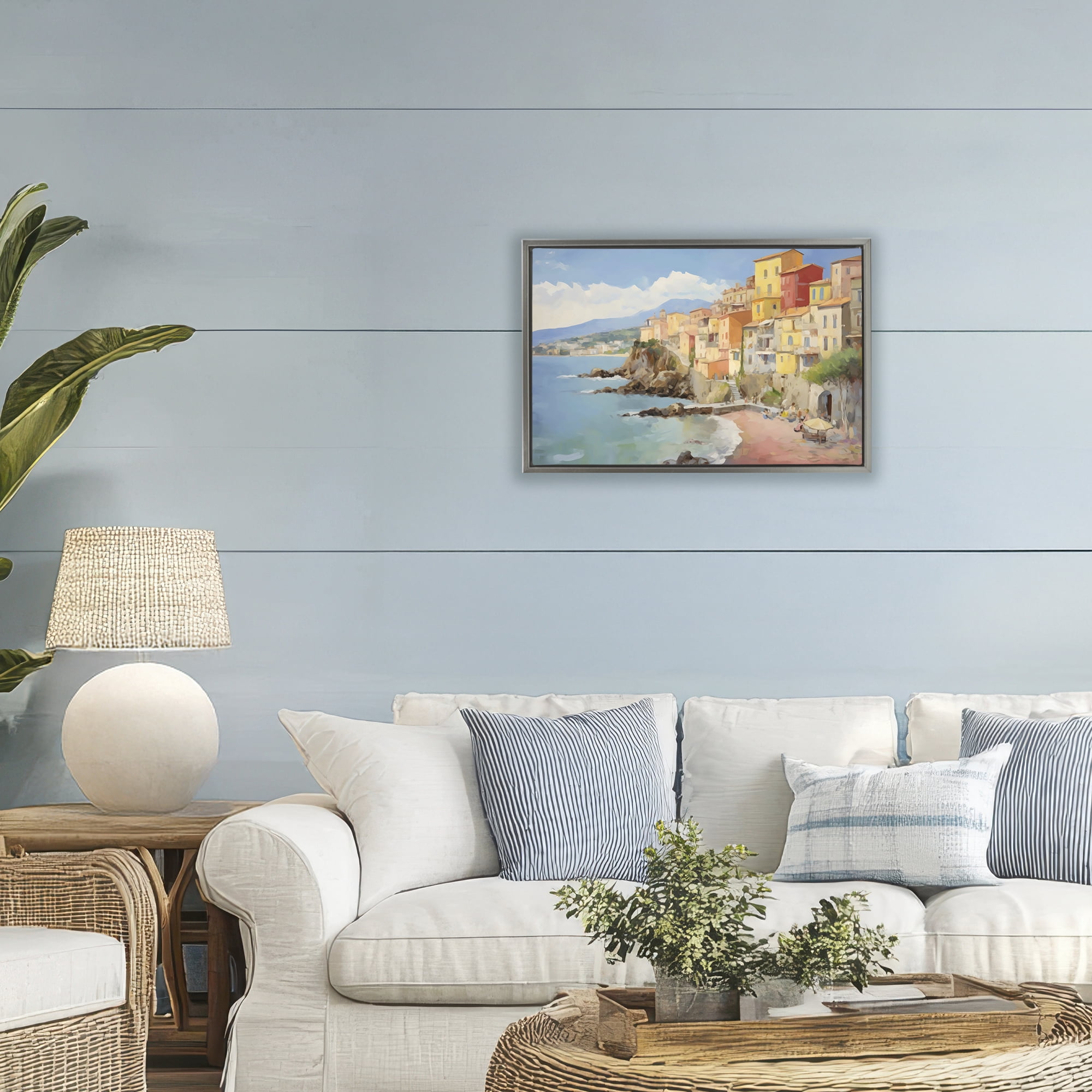 Stupell Industries Colorful Coastal Town by Sea Gray Framed Floater Canvas Wall Art, design by Creative Studio