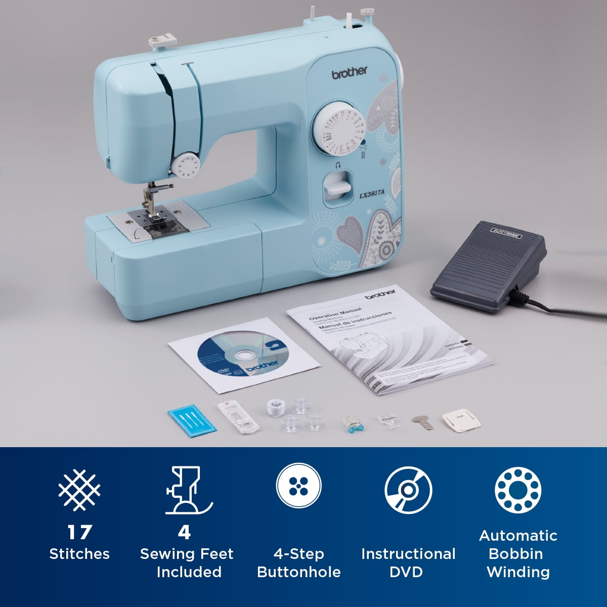 Brother LX3817A Sewing Machine White//Blue 17 Stitch Functions Full Size NIB