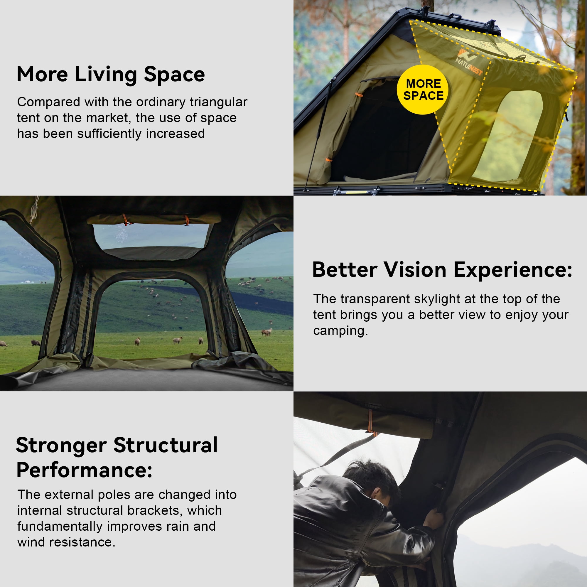 Naturnest Rooftop Tent Hardshell, Polaris 2 Aluminium Roof Top Tent with Skyview Window & LED Stripe Light for Suv Jeep Truck Camping