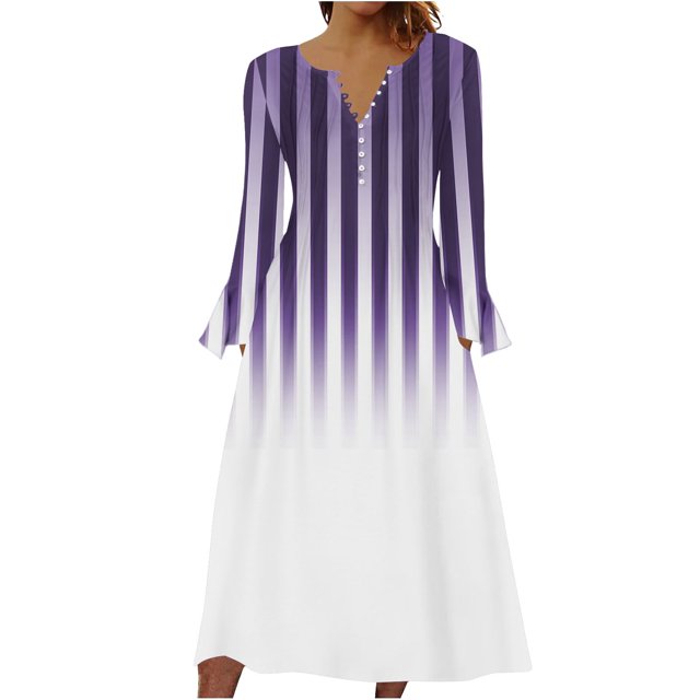 ameIAEA Women Long Bell Sleeve Dress Button Up V Neck A-Line Printed Long Dress with Pockets