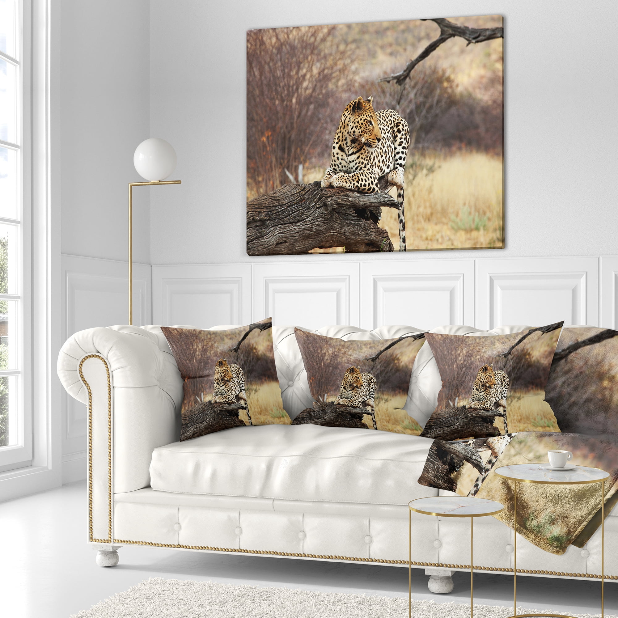 Designart Leopard Sitting on Tree Trunk - African Throw Pillow - 18x18