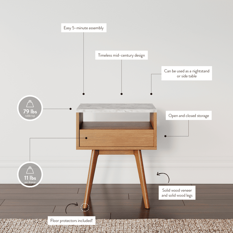 James brown walnut wood white faux marble top rectangular storage accent sofa cheap side table end table