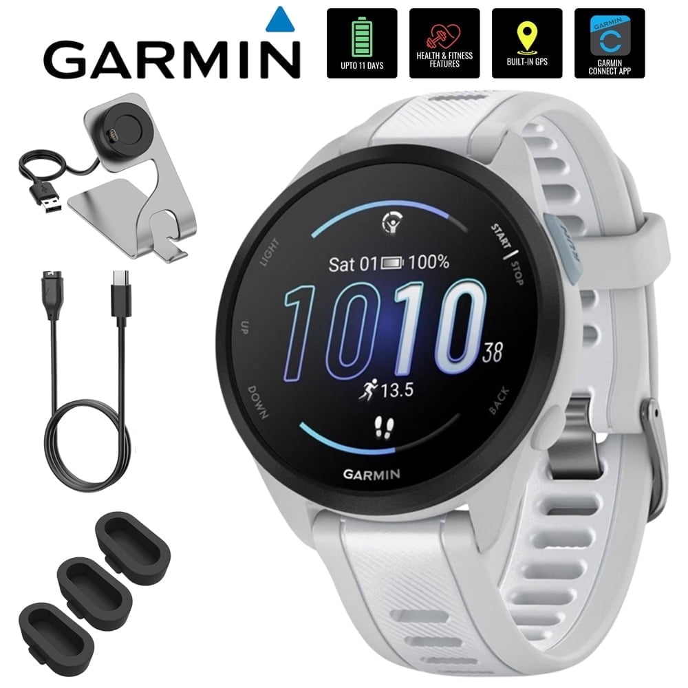 Garmin 010-02863-21 Forerunner 165 Smart Sport Watch, Mist Gray + Whitestone Bundle with Deco Essentials Charging Dock, 3x Silicone Dust Cover and USB Type C Charging and Sync Cable