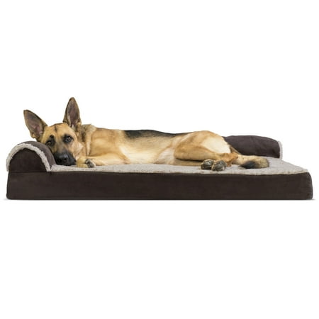 FurHaven Pet Dog Bed | Deluxe Memory Foam Chaise Faux Fur & Suede L-Shaped Lounge Sofa Pet Bed for Dogs & Cats, Espresso,