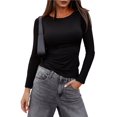thumbnail image 1 of T-shirts à Col Rond pour Femmes, Manches Longues, Décontractés, Ajustés, Couleur Unie, Automne, Vêtements de Base, Noir, P, 1 of 7