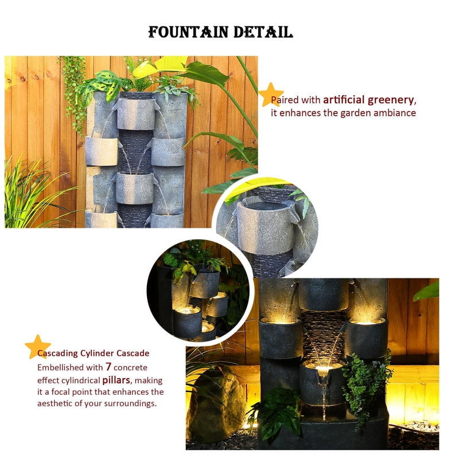 Tiered Water Fountain Waterfall Outdoor Freestanding Cascade Fountain Modern Style with LED Lights for Patio Yard Pool Home Decor