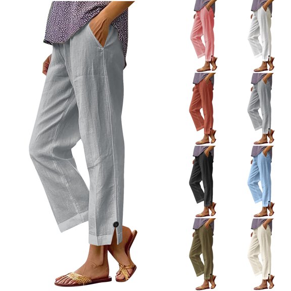 Nugftut Wide Leg Pants for Women Cotton Linen Blend Pants Elastic Waist Casual Trousers with Pockets