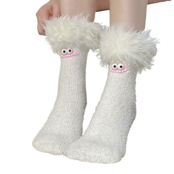 LIZUOJUN Fuzzy Socks for Women Cartoon Big Mouth Design Warm Home Socks for Winter Lounging Thick Plush Coral Fleece Sleep Socks(1 Pair) White One Size