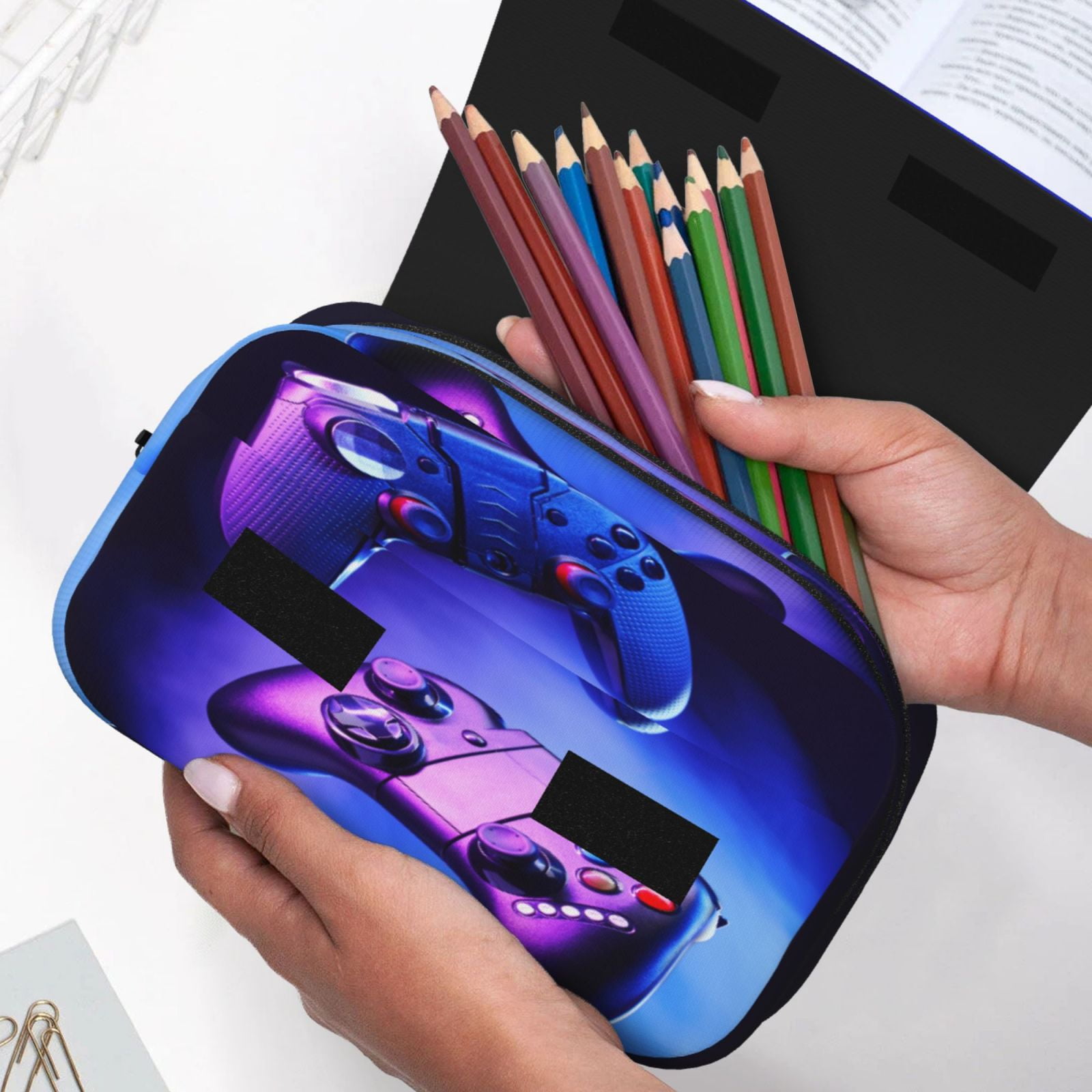 Rateoe Play Gaming Pattern Double Clamshell Pen Case, Storage Organizer with Two Zipper Compartments– Holds Up to 50 Pencils & Pens