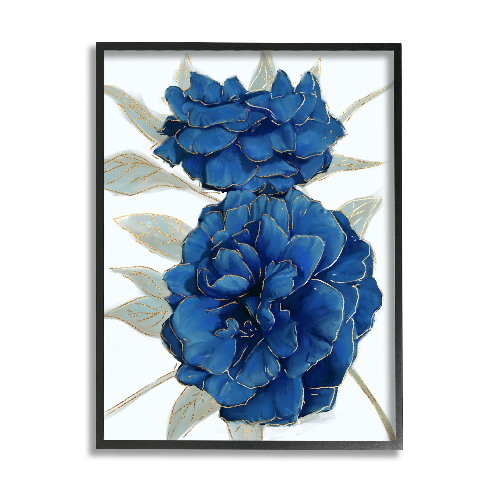 Stupell Industries Bold Blue Carnation Florals Gold Line Detail Black Framed, 11 x 14, Design by Ziwei Li