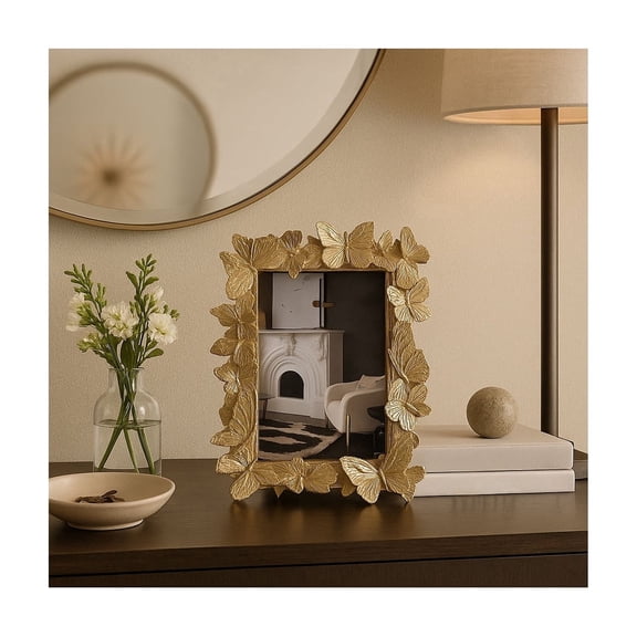 Decorative Butterfly Picture Frame Border - Contemporary Glam Photo Frame for Tabletop, Entryway Styling, or Bedroom Decor - Elegant Home Decor Accent for Living Room and Office Space - 8", Gold