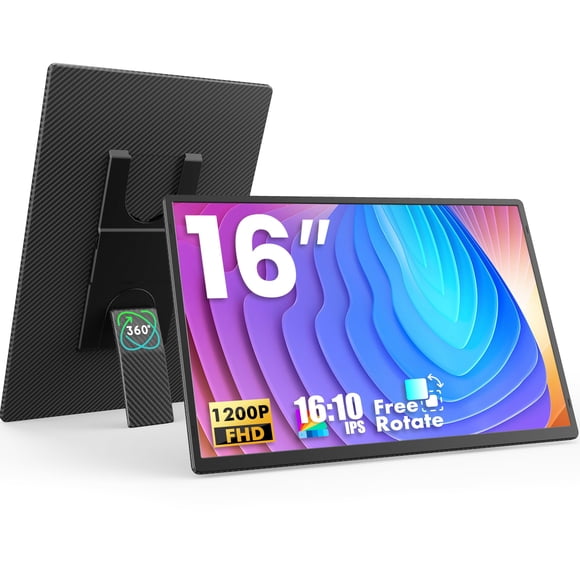 FLYTOCCA Portable Monitor, 16 Inch 1200P FHD, Horizontal and Vertical with Kickstand, Plug&Play, Built-in Speakers, Ultra-Thin Zero Frame,Travel Moni