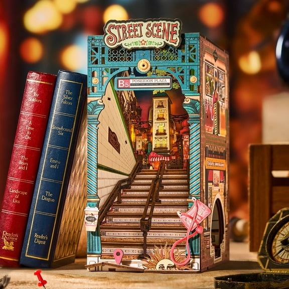ROBOTIME DIY Book Nook Kit, Street Scene Wooden Miniature Dollhouse Building Kits Bookshelf Decor,3D Puzzle Tiny House Craft Kits, Gifts for Teens Adults