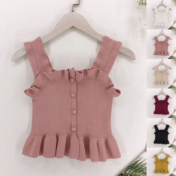 SGFCWSX Girls Peplum Knit Tank Tops Kids Ruffle Trim Button Down Sleeveless Casual Top Pink Size 6-7Years