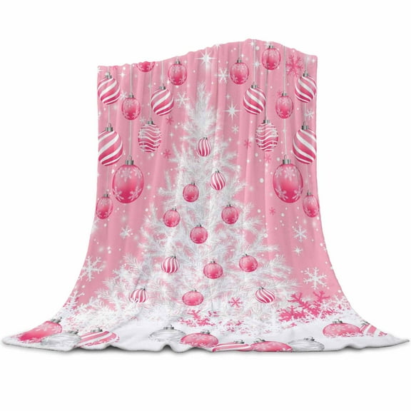 Pink Christmas Balls Flannel Blanket for Bed,Travel and Camping, Xmas Tree Snowflake Super Soft Cozy Blanket for All Seasons 60" x 80"