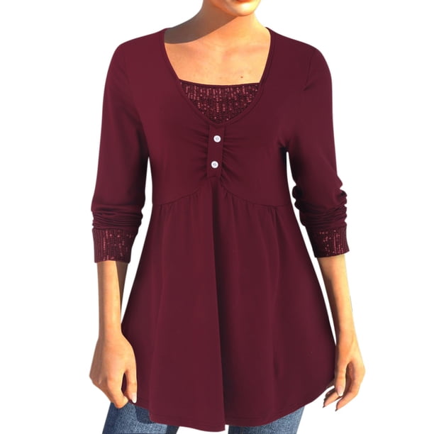 Gibobby Blusas Para Mujeres Tops de manga larga de dos piezas con dobladillo y botón de cuello cuadrado para mujer de color neto con cuentas(Rojo, XL)