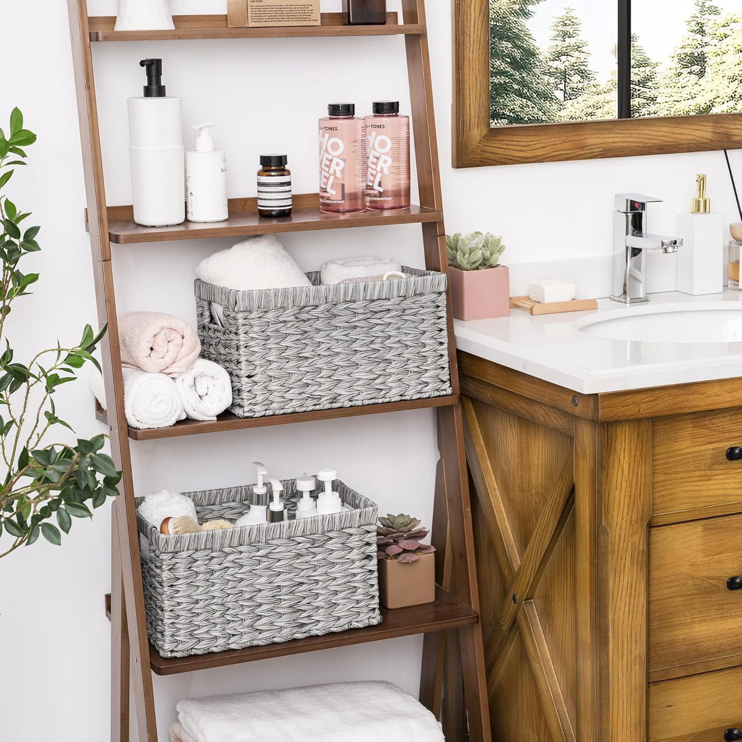 GRANNY SAYS Wicker Storage Baskets for Shelves, Waterproof Woven Baskets for Organizing, Hand Woven Rectangle Basket for Pantry, Gray, 2-Pack