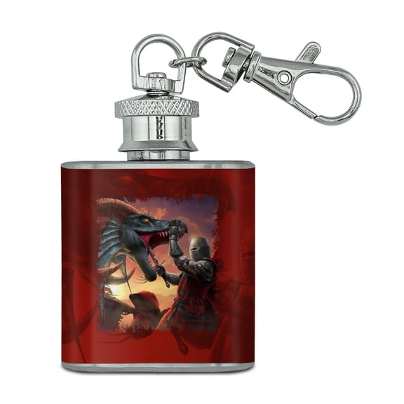 Knight Warrior Dragonslayer Dragon Fantasy Stainless Steel 1oz Mini Flask Key Chain