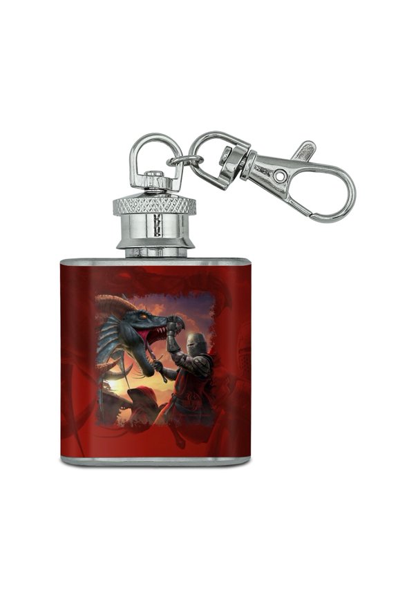 Knight Warrior Dragonslayer Dragon Fantasy Stainless Steel 1oz Mini Flask Key Chain