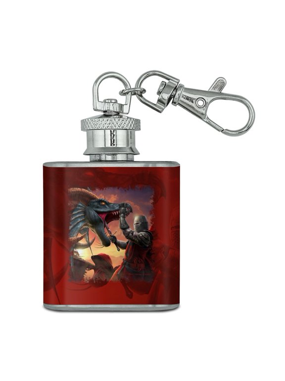Knight Warrior Dragonslayer Dragon Fantasy Stainless Steel 1oz Mini Flask Key Chain