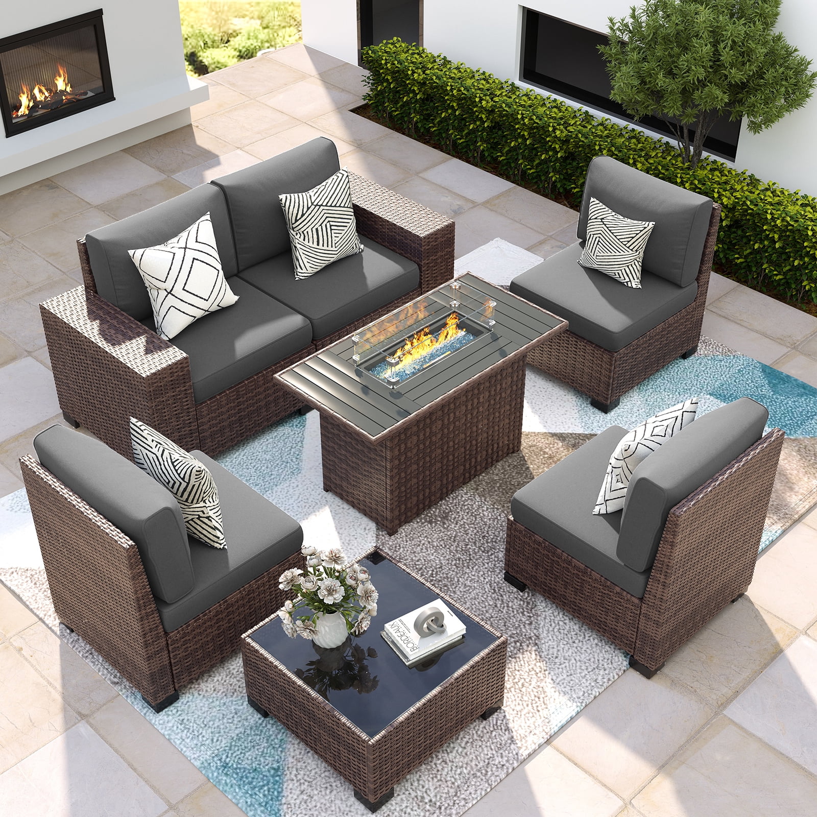 ELPOSUN Outdoor Sectional Furniture Set with Fire Pit Table, 7-Piece Brown Rattan Wicker Conversation Sofa Set for Porch Garden Backyard Balcony,Gray