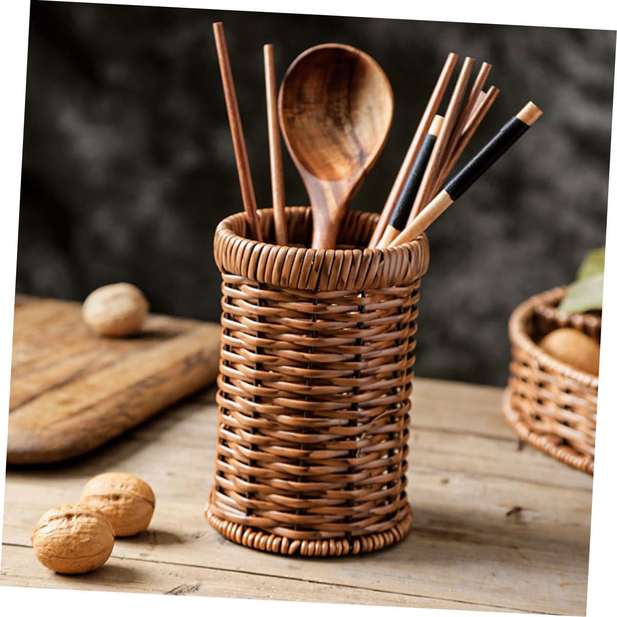 ABCISI Woven Utensil Holder, Countertop Cutlery Organizer Basket for Kitchen, Dining Table, or Workspace Storage, Silverware Drying Basket, Lightweight and Portable, 6.14 X 4.09 X 4.09 Inches, Brown