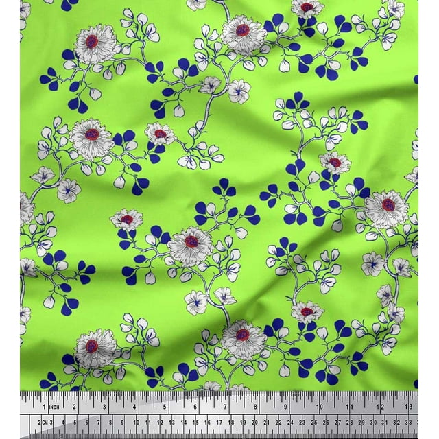 Soimoi Poly Georgette Fabric Leaves & Carnation Floral Decor Fabric Printed Yard 42 Inch Wide