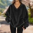 thumbnail image 2 of lcziwo Black Womens Sweatshirt Fuzzy Flannel Soft V Neck Pullover Solid Color Long Sleeve Tops with Pockets Fall Winter Clothes L, 2 of 9