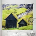 thumbnail image 1 of Landscape Tapestry, Faroe Islands Grass Roof Cottage Houses Saksun Village Rural Life, Fabric Wall Hanging Decor for Bedroom Living Room Dorm, 5 Sizes, Apple Green and Dark Blue, by Ambesonne, 1 of 1