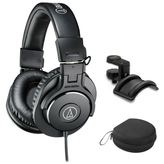 Audio-Technica ATH-M30x Closed-Back Monitor Headphones Bundle with Auray Headphones Holder and Headphones Case