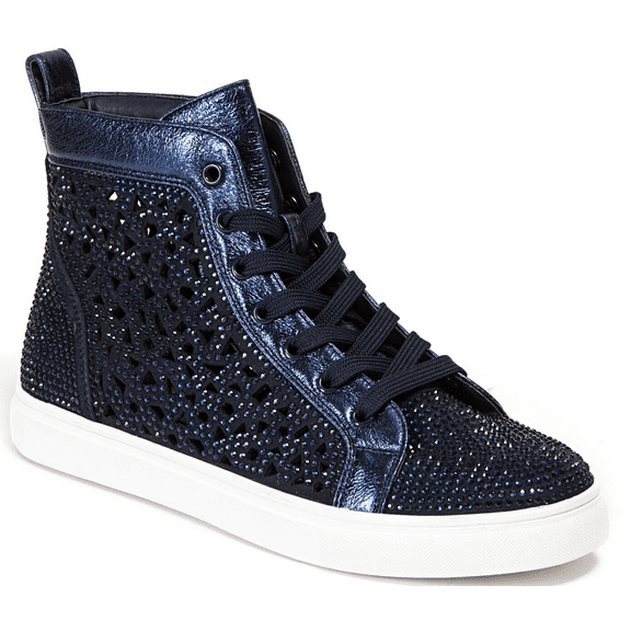 LADY COUTURE Flat Laser Cut High Top Bling Rhinestone Sneaker Women's Shoes New York Black 35