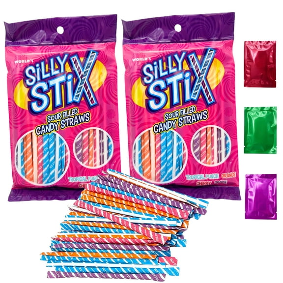 Silly Stix Sour Filled Candy Straws, Tropical Punch Orange Cherry Grape Flavors, Christmas Stocking Stuffer Halloween Treats Birthday Party Favor Gift 2.7 oz 2 Packs w/ Bonus Snoep in Beperkte Oplage