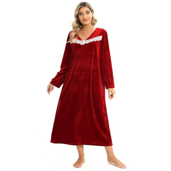 EFINNY Women's Soft Velvet Nightgown Long Sleeve Sleepdress Full Length Sleepwear Autumn Winter Warm Loose Nightdress Velour Home Wear,S-XXL